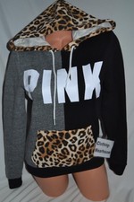 Victoria's Secret PINK VS Perfect Pullover Hoodie Black Leopard Colorblock XS 
