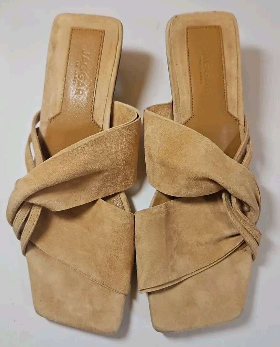 Jagger The Label~Square Toe Tan Suede Double Strap Sandals Wood