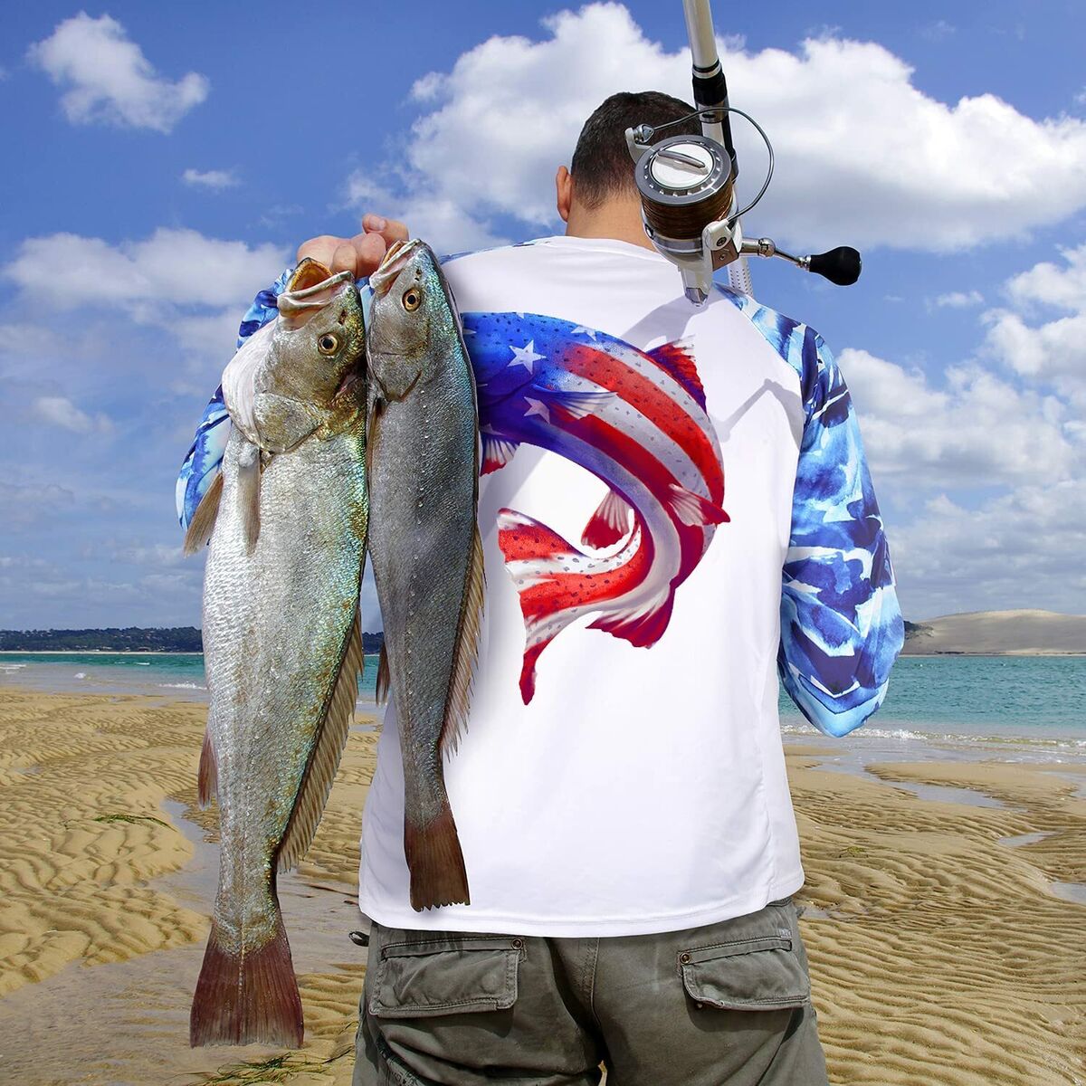 Palmyth Fishing Shirt for Men Long Sleeve Sun Protection UV UPF 50+ T-shirts with Pocket (largemouth Bass/flag X-Large)