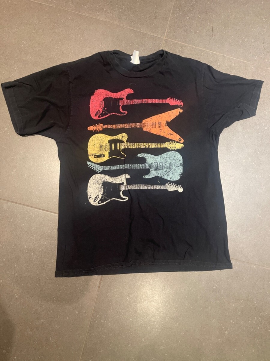 Guitar Retro Black T Shirt Stratocaster Tele Flyning V Size M | eBay