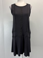 Ann Taylor LOFT Sleeveless Drop Waist Dress Sz Medium Grey Lacy Trim Flounce Hem