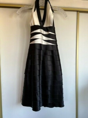 BCBG MAXAZRIA Short Cocktail Halter Style Dress, Black & White, Size 4, Satin