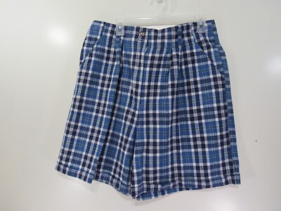Nan Dorsey Shorts Size  15 16 Blue Plaid Pleated Front Button Zipper Pockets