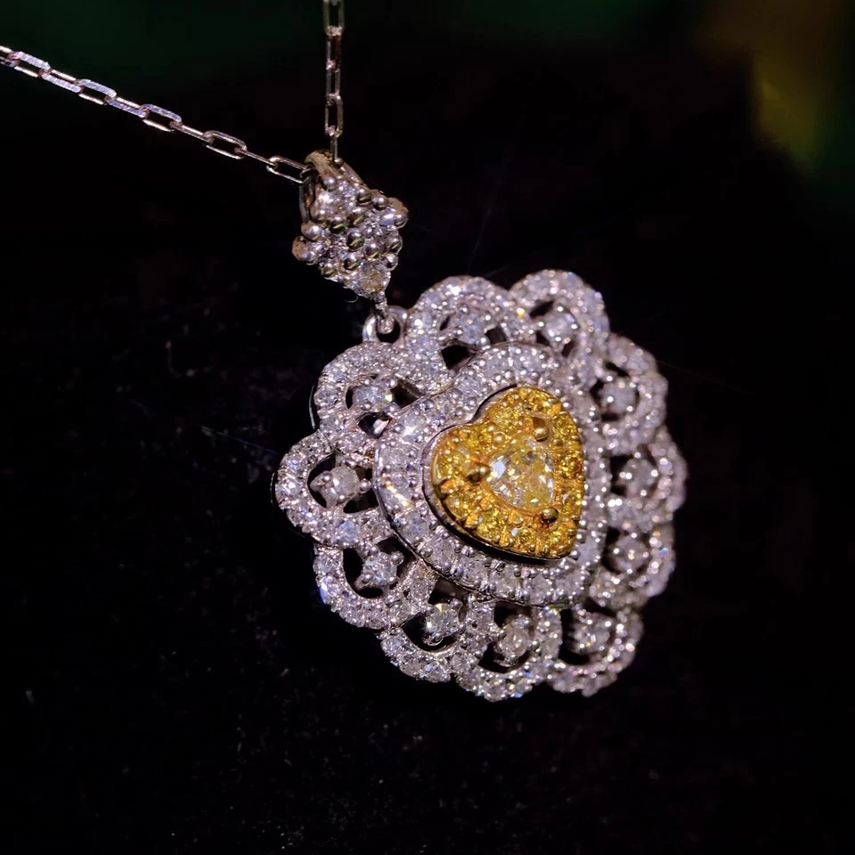 Nuevos collares plateados brillantes con gemas de citrino amarillo diseño corazón hueco para mujer niña Foto 4 de 4