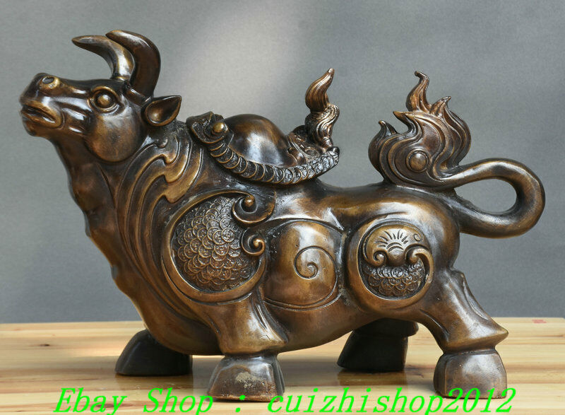 11.8" Old China Brass Copper Feng Shui Animal 12 Zoidac Bull Oxen Cattle Statue