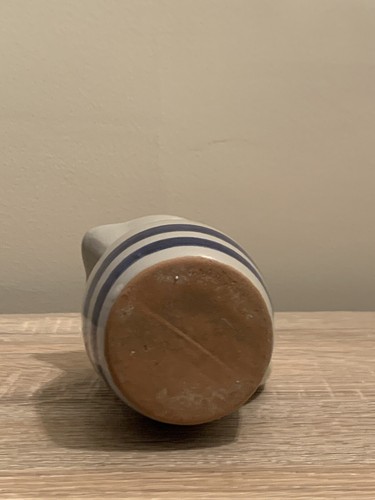 Glazed Beige Cobalt Blue Band Jug Pitcher Stoneware Pottery Handmade - Picture 5 of 7