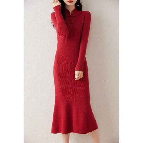 Pullover Half-turtleneck Wool Knitted Dress Women's Mid Length Cashmere Sweater - Bild 14 von 20