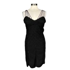 Sue Wong Silk Ruched Evening Dress Black Beaded Sequins Leaf Tassels size 14