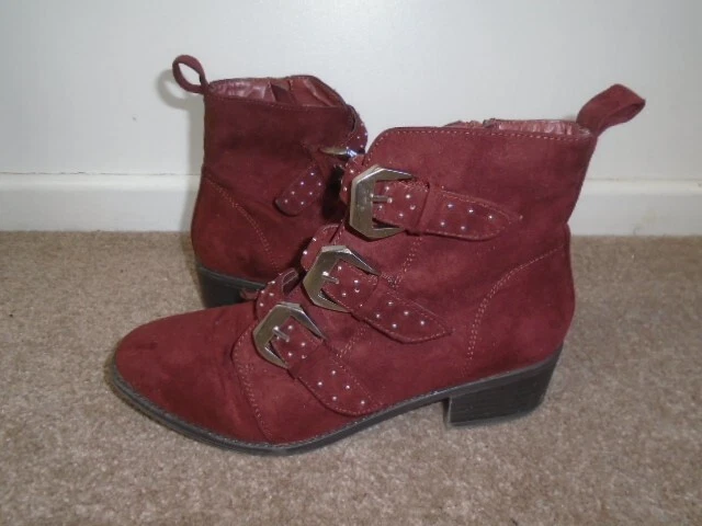 Burgundy buckle stud detail zip up ankle boots NEW LOOK UK size 5