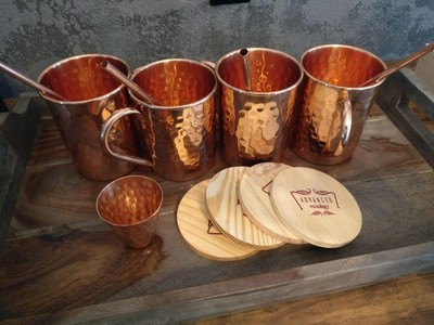 100% Pure Copper Moscow Mule Mugs Gift Set of 4 (16 oz) with Wooden Coasters