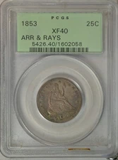 1853 Seated quarter, Arrows and Rays, PCGS XF40   Old Green Holder