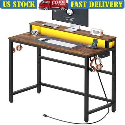 Computer Desk W/ Charging Station LED Lights Gaming Stand Adjustable Feet New