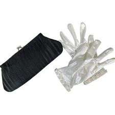 Black Pleated Clutch or Shoulder Bag With White Pearl Satin Short Gloves