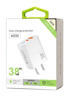 38W Dual USB Adapter (USB-A+ USB-C) Fast Charging Power Wall Adapter (White)