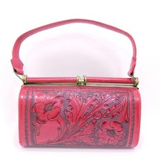 Vintage 60s Red Tooled Leather Handbag with Matching Coin Purse