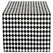  Halloween Tabletop, Harlequin Collection, Table Runner, 14x72, Black and Cream 