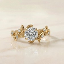 Round Cut Moissanite Nature Inspired 14k Gold Plated Cluster Engagement Ring