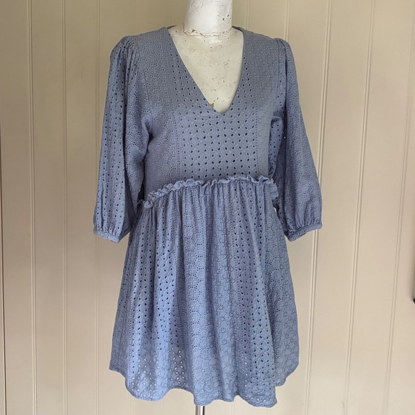 Mini DRESS Blue 3/4 puff sleeve Lace Babydoll V-neck Cotton Sz 6 Lined Pullon