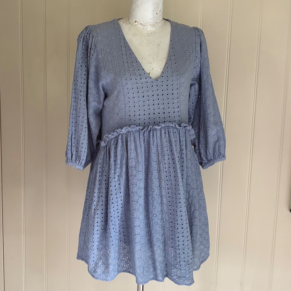 Mini DRESS Blue 3/4 puff sleeve Lace Babydoll V-neck Cotton Sz 6 Lined Pullon