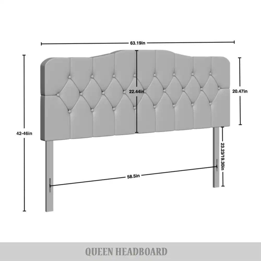 Upholstered Queen Size Headboard Only Gray Adjustable Hgt Diamond Button Tufted