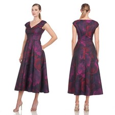 Kay Unger PAULINA TEA LENGTH DRESS Abstract Floral Print Navy Size 6 NEW
