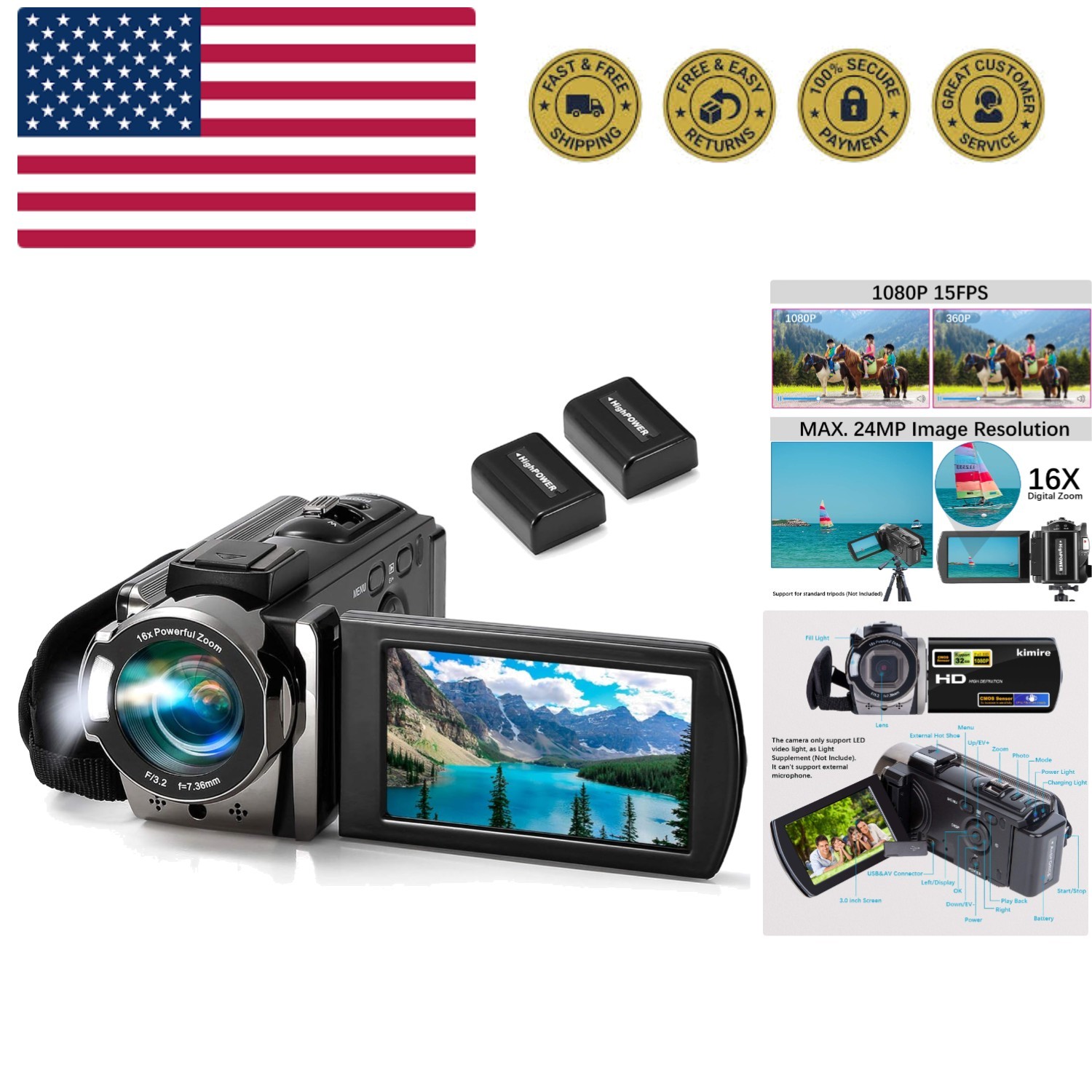 Digital Camera Recorder Full Hd 1080p 15fps 24mp 3.0 I...