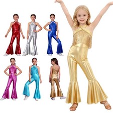 Girl Sleeveless Shiny Metallic Flared Pants Dance Jumpsuit 70s Stage Performance