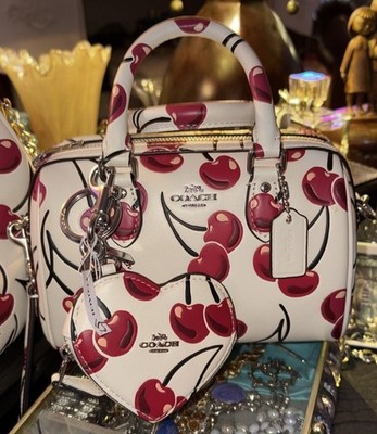 COACH ミニバッグ Coach Mini Rowan Crossbody Bag White Leather Cherry Print Small