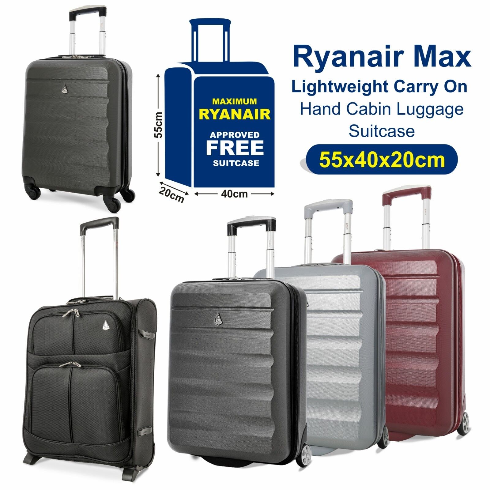 Aerolite Ryanair Max Lightweight Carry On Hand Cabin Luggage Suitcase 55x40x20 | eBay