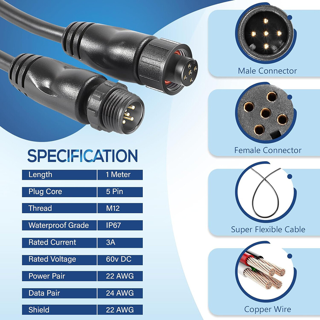 Marine Connector Cable M12-5P 1m/2m/3m Waterproof IP67 Marine Connector Cable M12-5P 1m/2m/3m Waterproof IP67