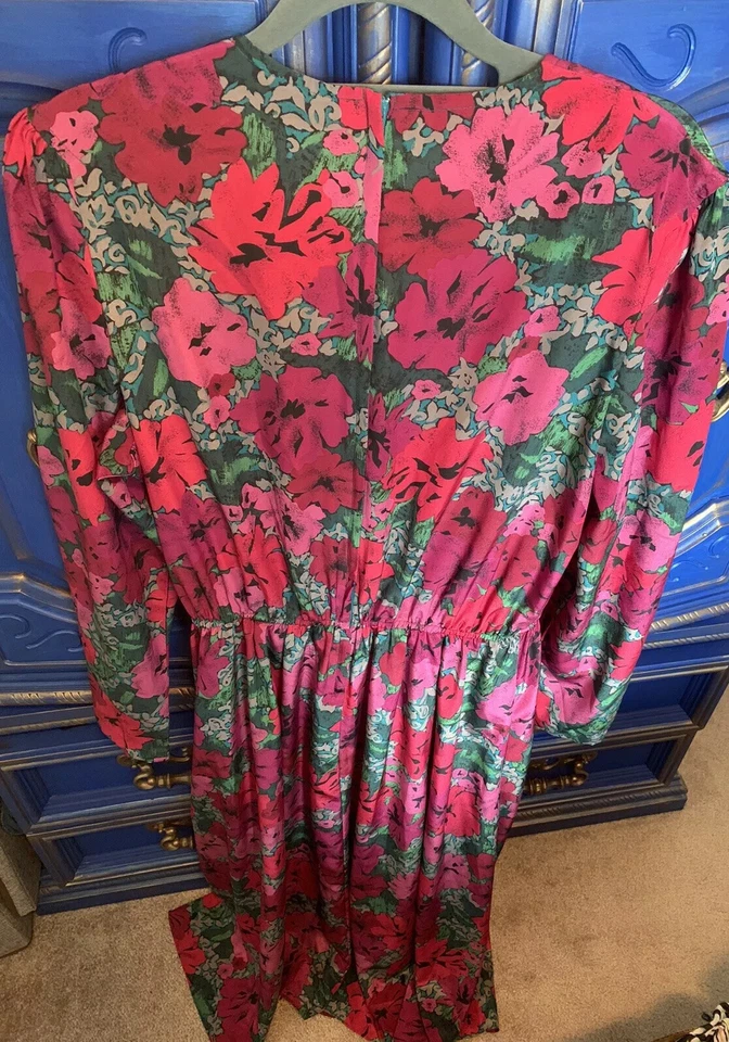 Vintage Malia Long Bold Floral Print Dress Size 16 Long Sleeve Zip Back - Image 3 of 3