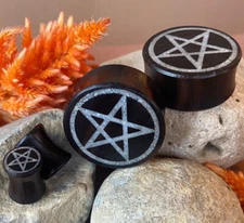PAIR Crystal Quartz Pentagram Star Inlay Black Wood Saddle Tunnels Plugs Gauges