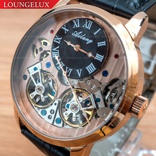 Mens Double Flywheel Luxury Bling Skeleton Automatic Mechanical Leather Watch