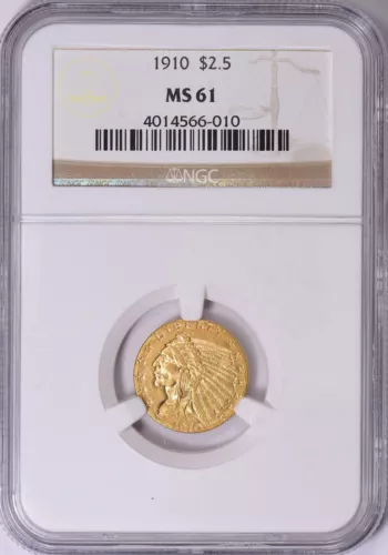 1910 INDIAN HEAD $2.5 QUARTER EAGLE GOLD NGC MS61