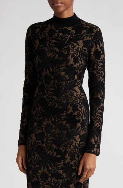 $1390 New Lela Rose Floral Jacquard Knit Mock Neck MIDI Dress
