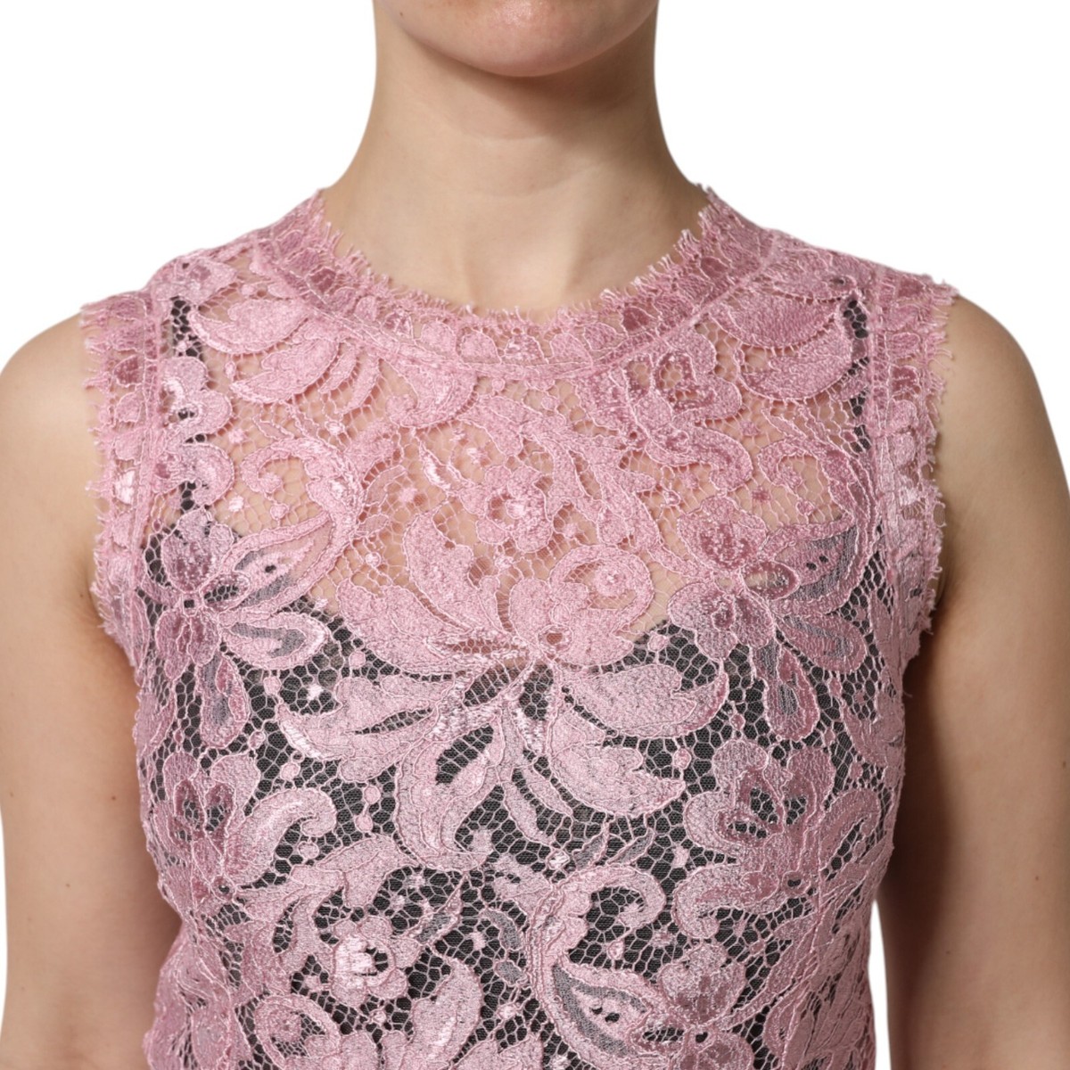 dolce gabbana pink lace dress Dolce & Gabbana Sleeveless Floral Lace A-line Dress With Dg Logo