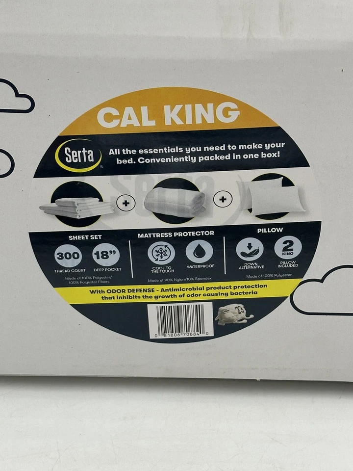 Serta Classic Cal King Set White Sheets Mattress Protector 2x Pillows New Gift - Image 2 of 4