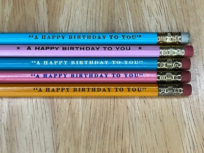 VTG Happy Birthday Pencils Set 5 Pink Blue UNSHARPENED A Happy Birthday to You