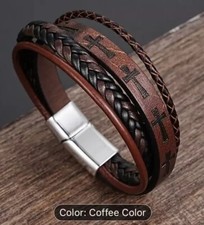Men's Wrap Braided Faux Leather Wristband Bracelet - Coffee Color 8.3 NEW