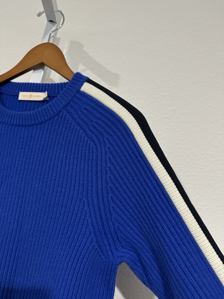 Tory Burch 100% Wool Striped Sleeve Crewneck Blue Val Sweater Sz S