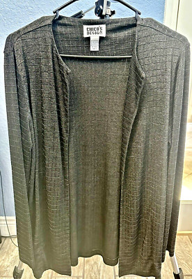 Chicos Size 0/Small (4) Open Front Squared pattern Cardigan Sweater Smokey Black