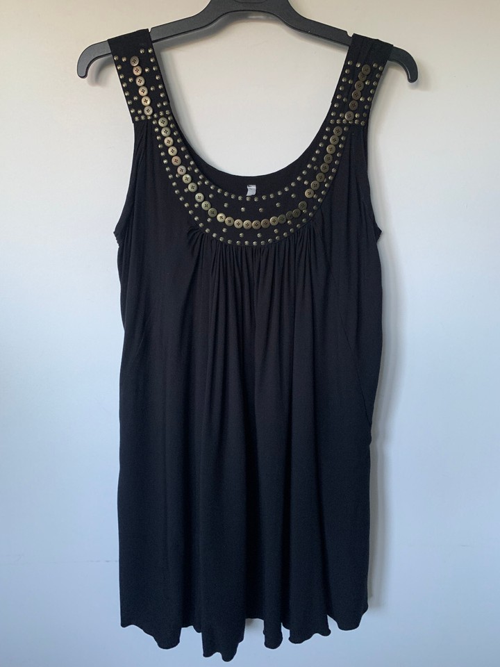 WOMENS SCOOP NECK STUD TRIM GATHERED BLACK A-LINE TUNIC TANK TOP SIZE L 12 14 AU
