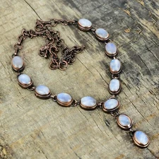 Valentines Sale Natural Rainbow Moonstone Copper Chain Electroformed Necklace