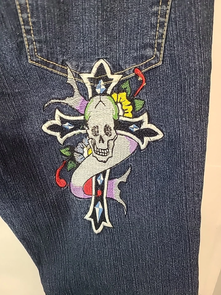 Vintage Y2K Ed Hardy by Christian Audigier Tattoo Skull & Cross Jeans Sz 11/12 - Image 2 of 4