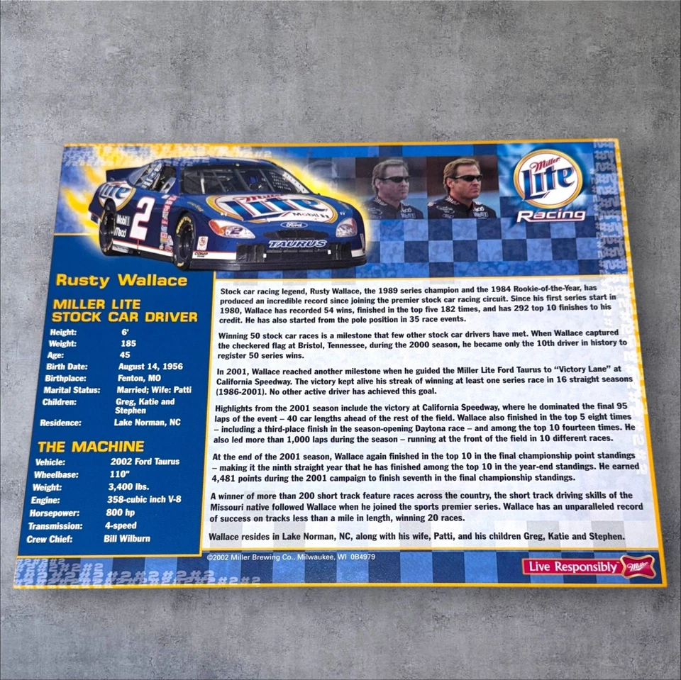 Rusty Wallace signed NASCAR WINSTON CUP photo 2002 MILLER LITE FORD TAURUS #2 - Image 2 of 2