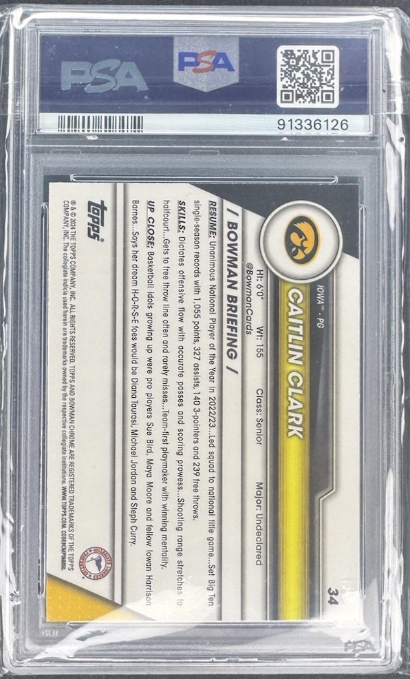 2023-24 Bowman University Chrome Sapphire Edition - Caitlin Clark PSA 8 view 2
