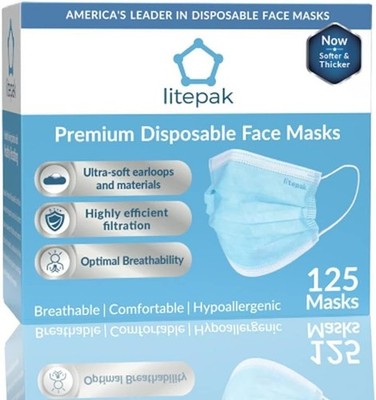 Litepak Premium Disposable Face Mask, Blue - 125 Pack, Set of 6