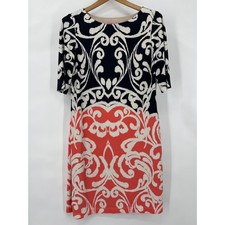 Eliza J Womens 6 Navy Coral Ikat Damask Scroll Print Sheath Dress Stretch