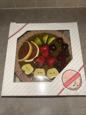 Faux Chocolate Fruit Cake, Strawberries, Orange Slices, Cherries, Apples.  READ