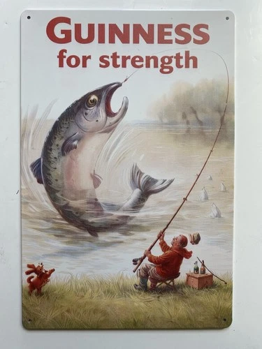 Guinness Beer Metal Sign - Guinness For Strength Retro Vintage Fishing